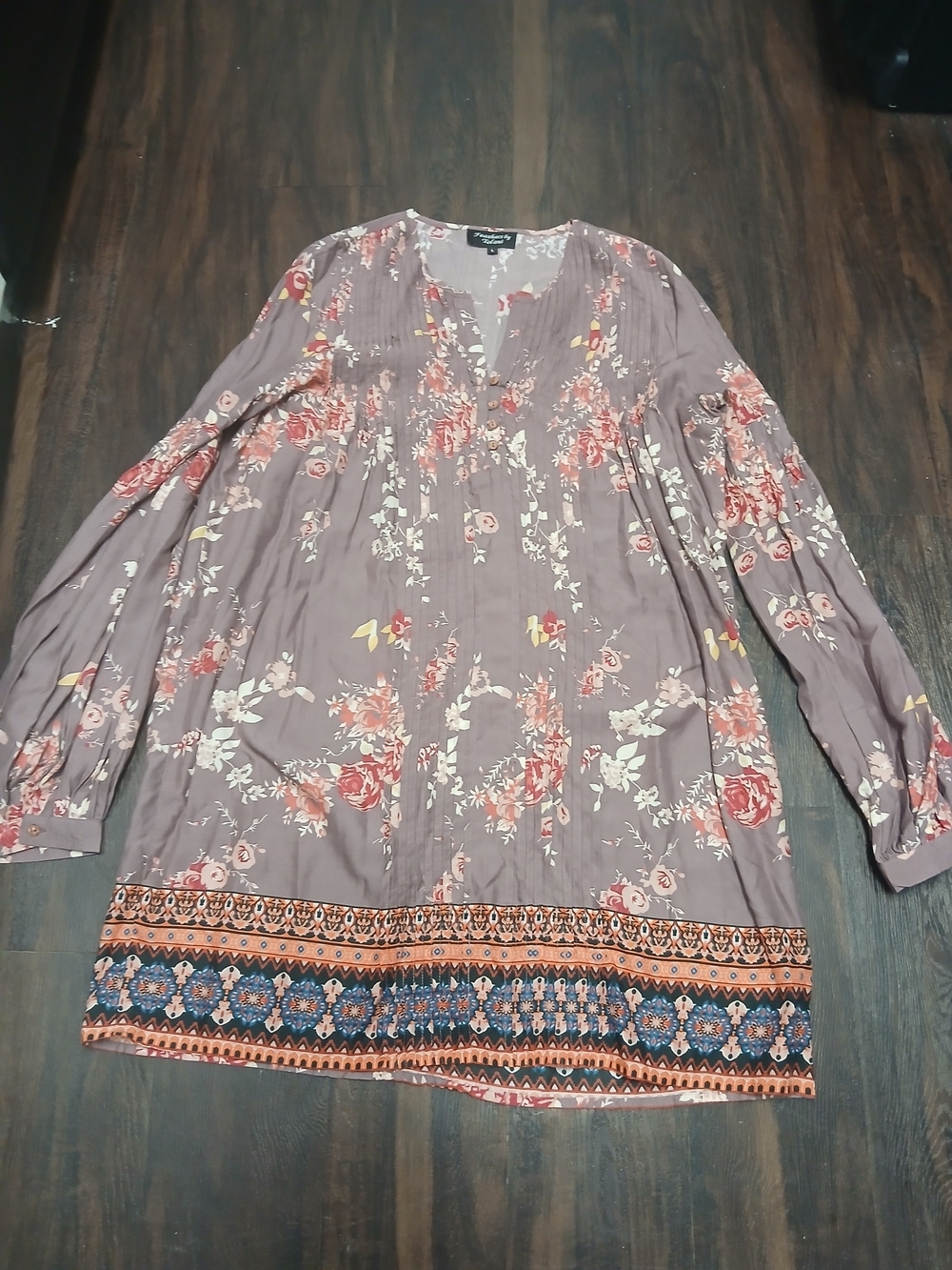 Women’s Floral Long Sleeve Dress - Taupe with Rose Print